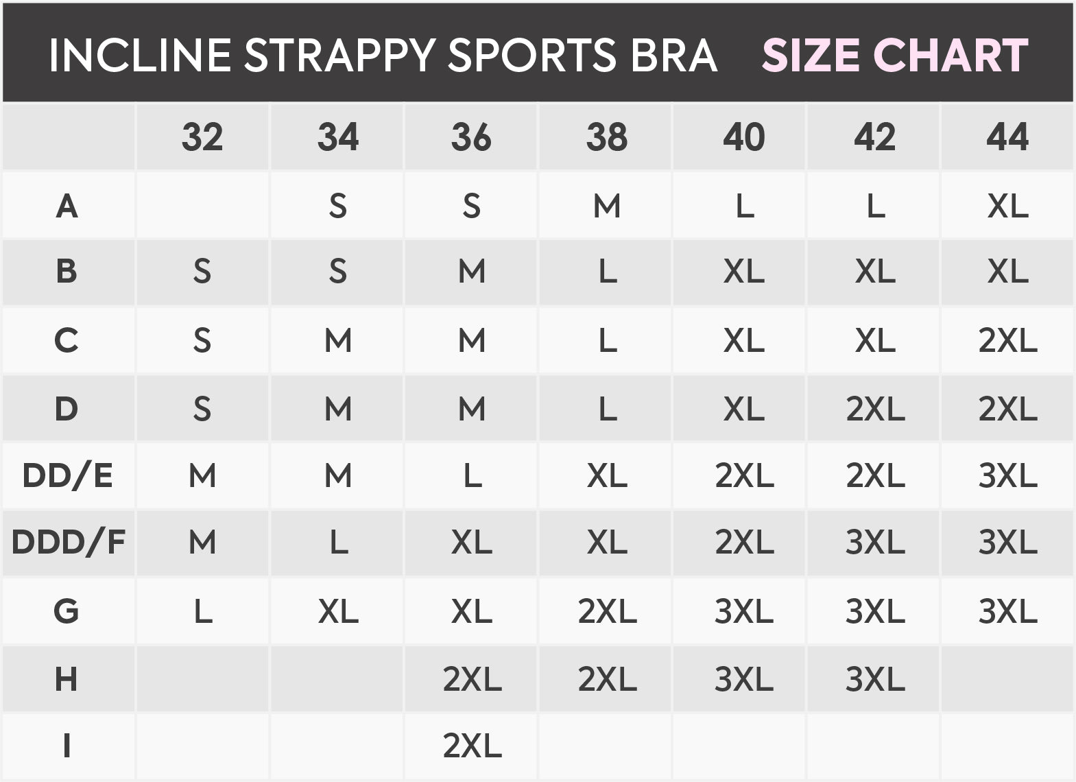 size chart Incline Strappy Sports Bra - Black (Final Sale)