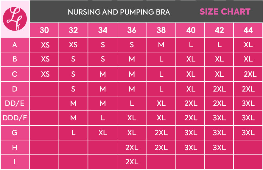 size chart Cadence Nursing & Pumping Bra - Ice Blue