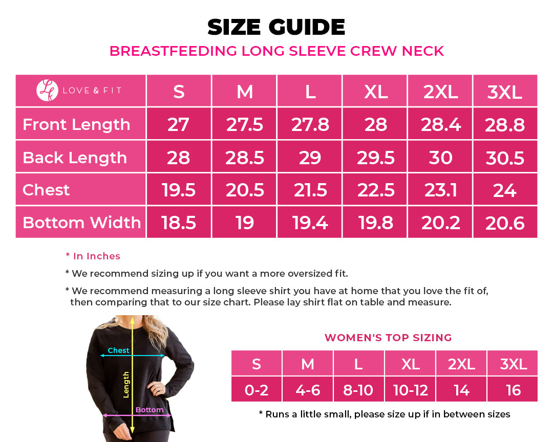 size chart Breastfeeding Long Sleeve Crew Neck - Black (Final Sale)