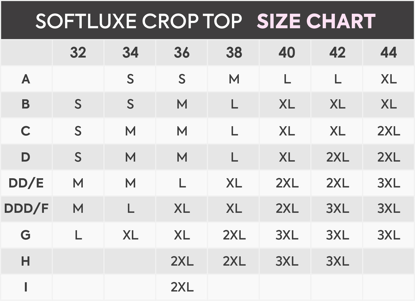 size chart SoftLuxe Crop Top - Charcoal/Black